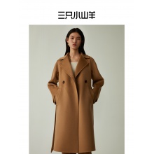 三只小山羊纯山羊绒大衣赫本风气质呢子女装双面毛呢外套驼色春秋